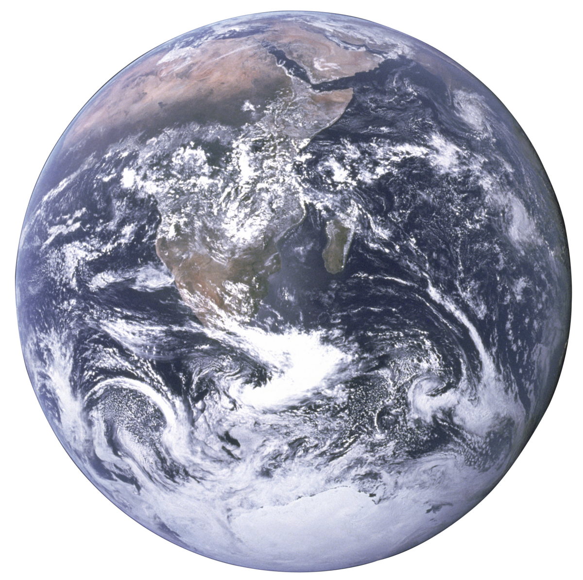 A full view of Earth as seen from space, showing continents, oceans, and cloud formations. This image is known as 'The Blue Marble' and was taken during the Apollo 17 mission.