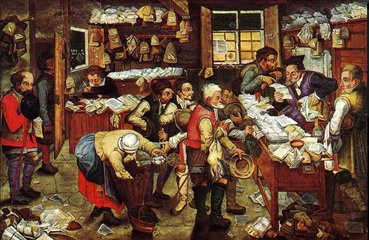 An oil on panel painting by Pieter Brueghel the Younger, titled "Paying the Tax (The Tax Collector)", created between 1620 and 1640, depicts a bustling scene inside a tax collector's office. Numerous individuals are gathered around tables piled high with documents, coins, and other items, with some figures appearing to be paying taxes while others are recording transactions.