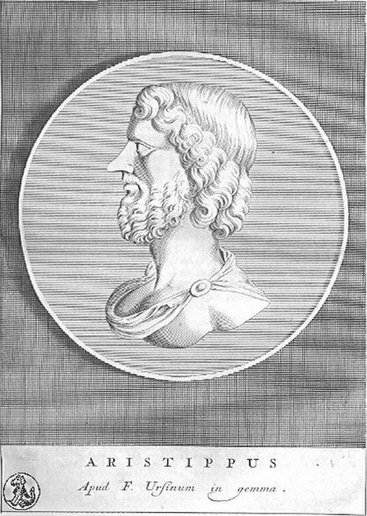 Engraving of a bust of Aristippus of Cyrene, shown in profile within a circular frame. The inscription below reads "ARISTIPPUS Apud F. Ursinum in gemma."