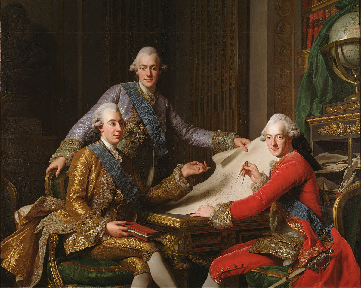 A painting by Alexander Roslin titled "King Gustav III of Sweden and his Brothers," depicting Gustav III (left) with his two brothers, Prince Frederick Adolf and Prince Charles (later Charles XIII). The three men are dressed in elaborate 18th-century attire, gathered around a table with maps and drafting tools.