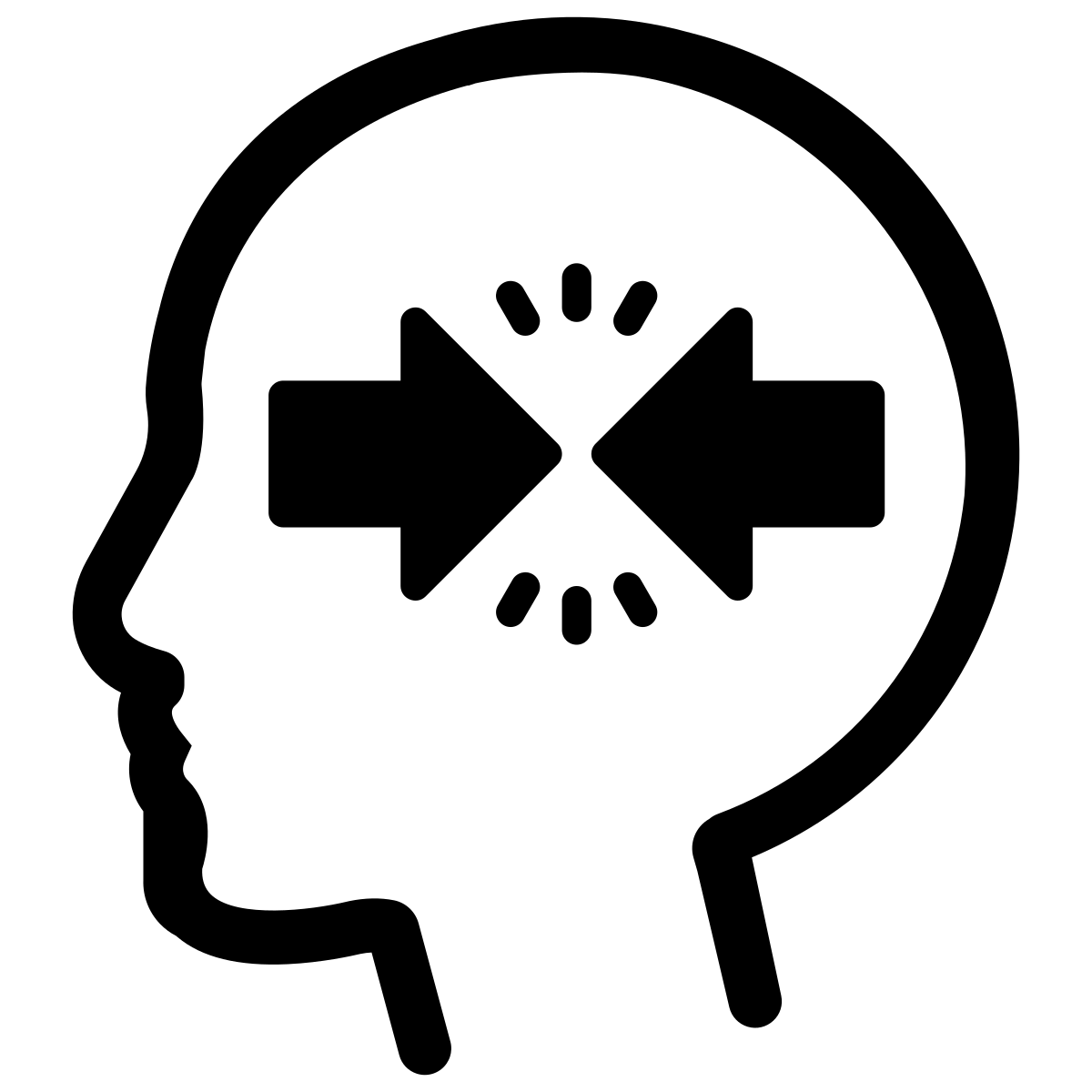 Icon of a human head in profile with two opposing arrows pointing toward each other in the center of the brain. The arrows are surrounded by radiating impact lines to represent internal psychological conflict or clashing thoughts.