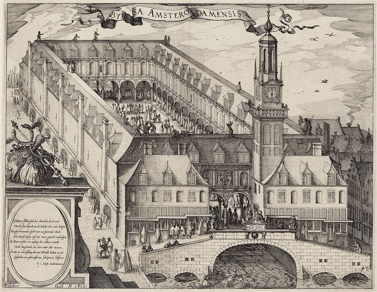 A 17th-century engraving depicting the Amsterdam Stock Exchange (Beurs van Hendrick de Keyser), showing a large, rectangular courtyard building with a prominent clock tower. Numerous figures are depicted within the courtyard and on the surrounding streets, with a bridge in the foreground.