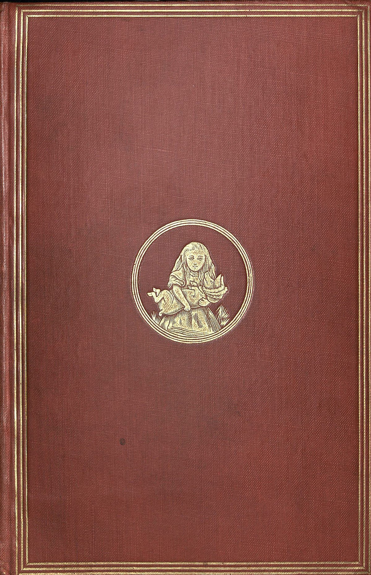 The cover of the 1865 edition of "Alice's Adventures in Wonderland," featuring a deep red binding with gold embossed details. A circular gold illustration of Alice holding a pig is centered on the cover.
